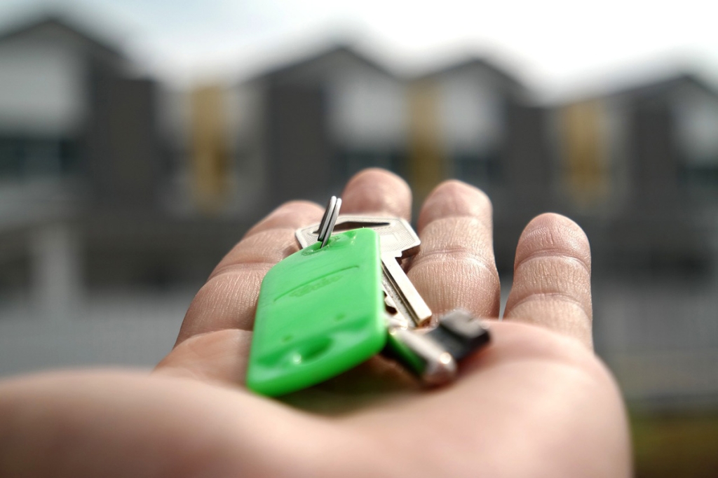 A hand holds keys in front of a house